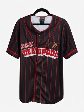 Marvel Team Deadpool Black and Red Button-Up Baseball Jersey